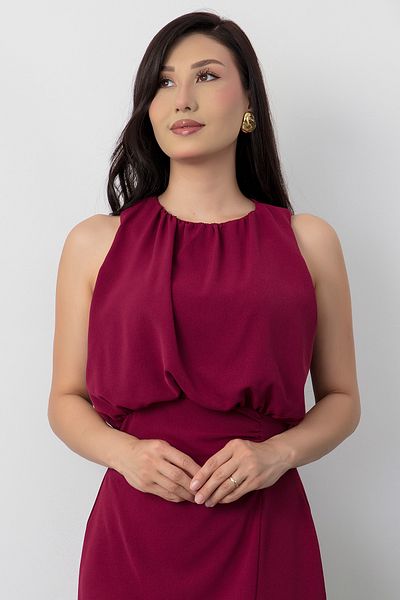 PULLIMM Crew Neck Gathered Waist Slit Dress Ny9727