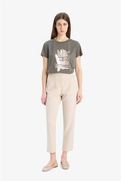 DeFacto T-Shirt Dark Khaki Relax Fit Crew Neck Printed Short Sleeve