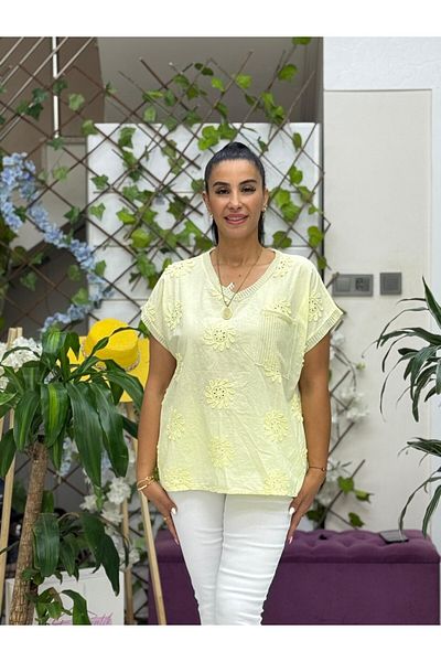Punta Otantik Nc25043 Italian Embroidered Pocket Cotton Blouse Yellow
