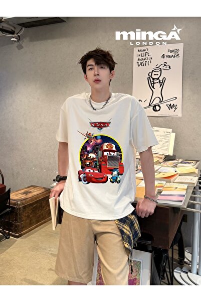 Minga London Tricou oversize bej imprimat cu desene animate cu mașină roșie -...