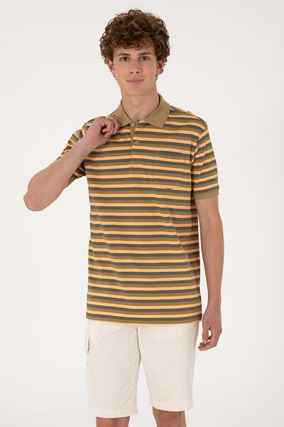 U.S. Polo Assn. Men's Regular Fit Khaki Polo Neck Striped T-Shirt 50306794-Vr027