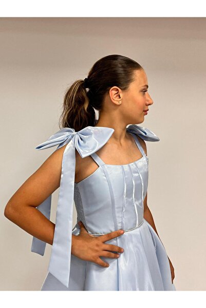 BUTİKHAPPYKİDS Kız Çocuk Abiye Askılı Bebe Mavi Parlak Kumaş Kısa Askısı Kurdela Detaylı Abiye Elbise 10-15 Yaş