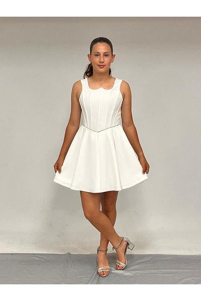 BUTİKHAPPYKİDS Βραδινό φόρεμα για κορίτσια Κρέμα κρεπ κοντή μέση λεπτή ρίγα πέτρα Λεπτομερή πέτρινο κοντό βραδινό φόρεμα 10-15 ετών