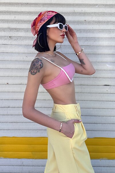 New Now Kendall Square Neck Rope Strap Crop Top Bustier in Flexible Sandy Fabric Striped Detail