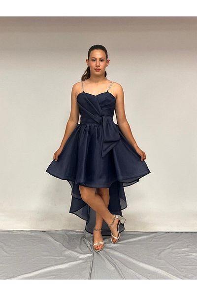 BUTİKHAPPYKİDS Girl's Evening Dress Navy Blue Stone Cord Strap Heart Collar Tail Side Self Belt Detail Chiffon