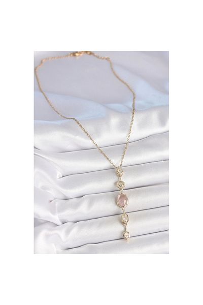 Skygo 316L Steel Chain Gold Color Pink Zircon Stone Y Necklace - Tj-Bko10226