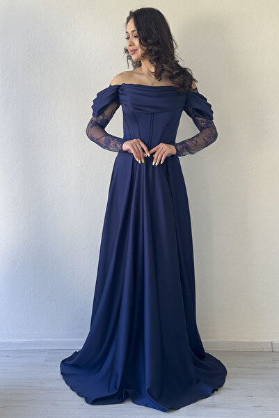 zks grup tekstil Жіноче сукня з відкритими плечима, мереживом та атласом, біла, синя, сакс