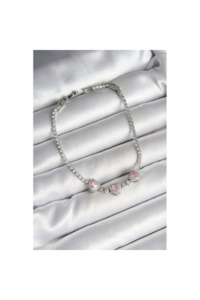 Skygo Brass Row Pink Heart Figured Zircon Stone Silver Color Women's Bracelet - Tj-Bb6982