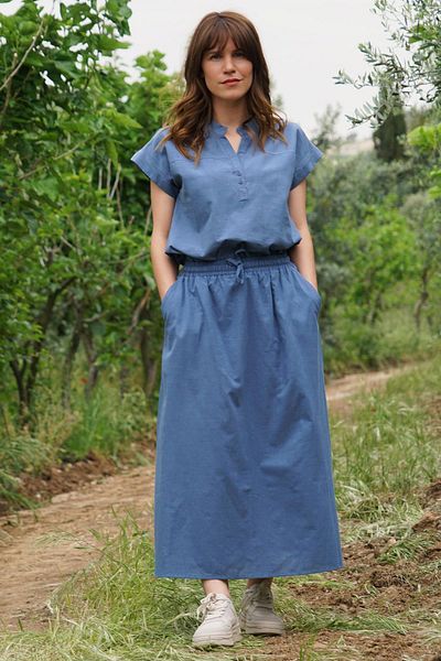 Defne&Apollon İpekçilik Ankle Length 100% Cotton Elastic Skirt with Pockets - Blue