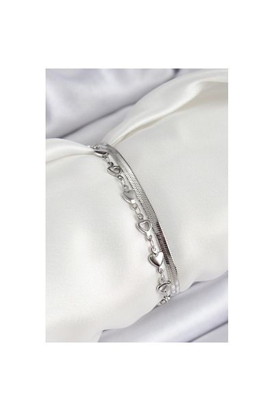 Skygo 316L Steel Silver Color Heart Chain and Italian Chain 2-Piece Women's Bracelet - Tj-Bb7083