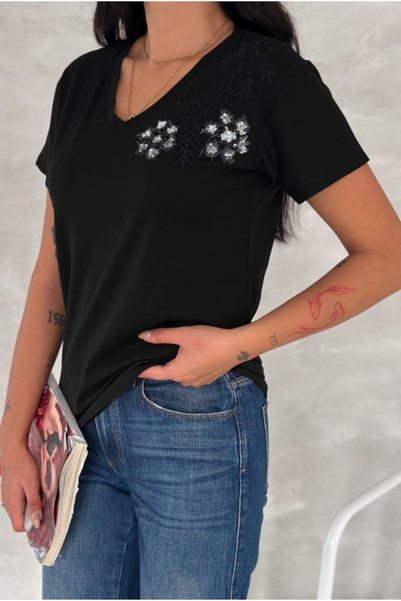 Cassime Women's Black Shoulder Flower Sequin Sequin Embroidered Short Sleeve 100% Cotton T-Shirt S-M-L