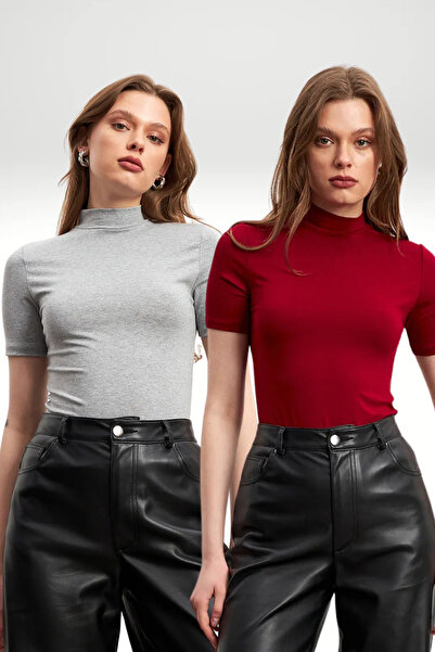 Ladima بلوزة نسائية بأكمام قصيرة باللون العنابي والرمادي الفاتح مكونة من قطعتين