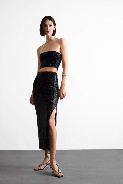 DeFacto Crop Sequined Black Strapless Blouse F8418Ax25Sm