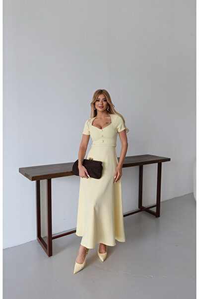 blue ashley Kare Yakalı Kemerli Kloş Midi Elbise