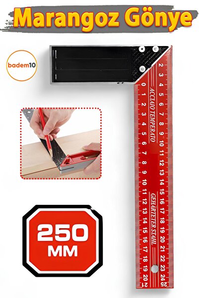Badem10 250 mm 25 cm Alüminyum Marangoz Gönye Metal Gövde Açılı Ölçüm Cetveli Ahşap İnşaat Hassas Gönye
