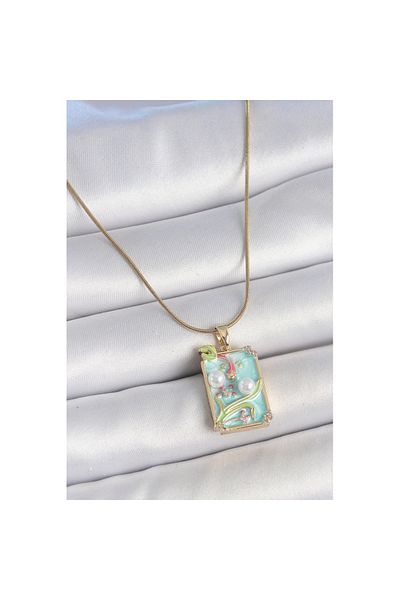 Skygo 316L Steel Gold Color Chain Blue Enamel Pearl Flower Embroidered Portrait Model Women's Necklace - Tj-Bko10191