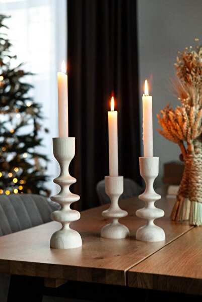 U Atölye Dekoratif 3’lü Doğal Dişbudak Ahşap Mumluk Seti