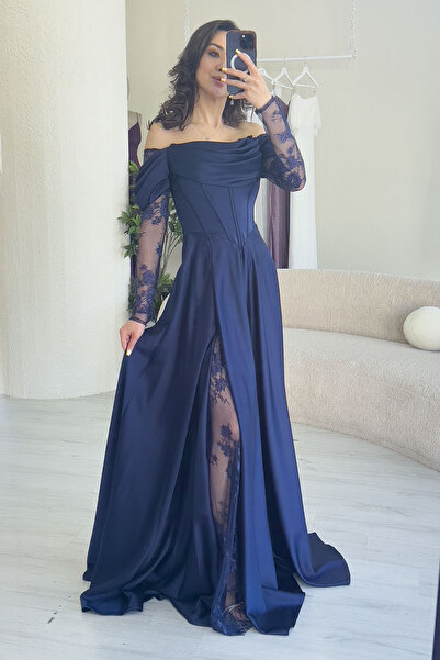 zks grup tekstil Жіноче сукня з відкритими плечима, мереживом та атласом, біла, синя, сакс