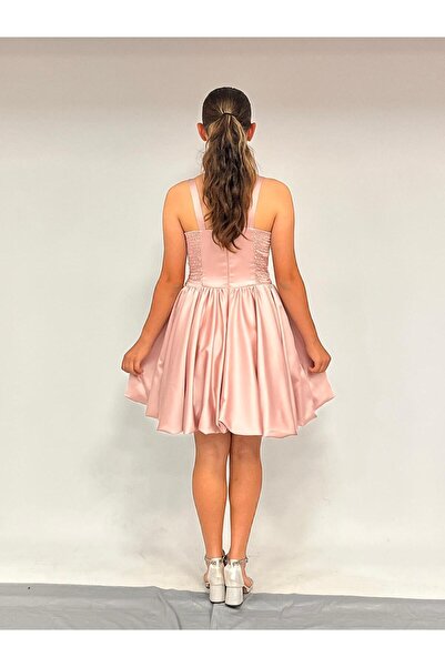 BUTİKHAPPYKİDS Kız Çocuk Askılı Mini Pudra Pileli Payet Detaylı Kısa Balon Etek Abiye Elbise 10-15 Yaş