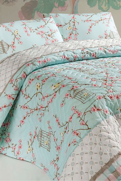 Eponj Home Battal Oversized Quilted Bedspread Multi-Purpose Birdcage Turquoise
