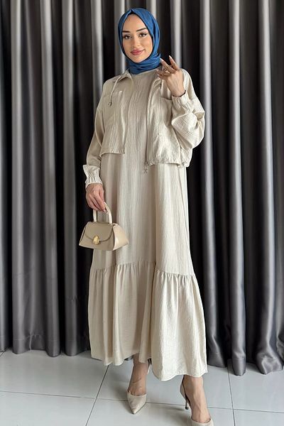 julude Stone Hem Ruffled Waist Elastic Cardigan Combination Hijab Dress