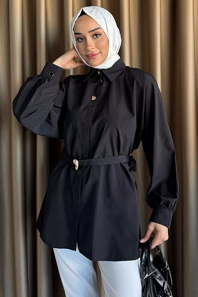 julude Μαύρο πουκάμισο Hijab με ζώνη μέσης