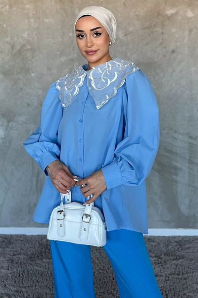julude Cămașă Hijab brodată din tul cu guler albastru