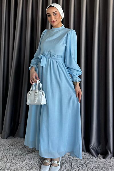 julude Rochie Hijab cu talie pliată elastică albastră la gleznă