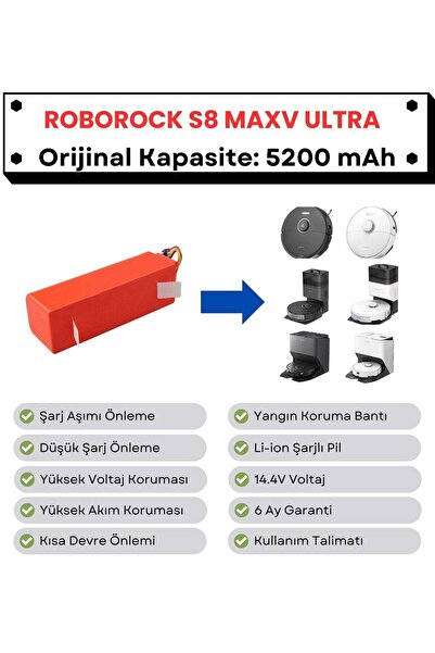 robotyedek Roborock S8 MaxV Ultra Uyumlu Batarya 14.4V 5200 mAh Orijinal Kapa...