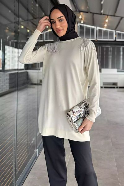 julude Cream Stone Embroidered Crew Neck Hijab Knitwear Tunic