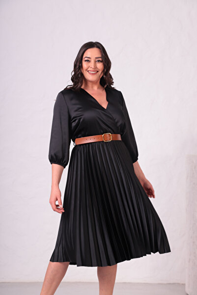 Shahiqa Büyük Beden Piliseli Saten Elbise