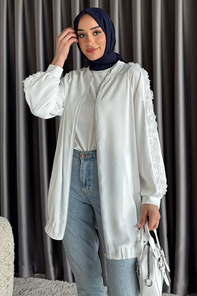 julude Κρεμ μανίκια Τούλι Λεπτομερές Καπάκι Hijab