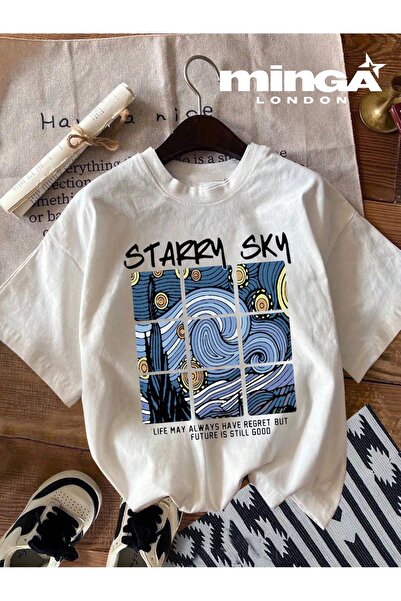 Minga London تيشيرت أبيض كبير الحجم مطبوع عليه سماء مرصعة بالنجوم - مينجا لندن