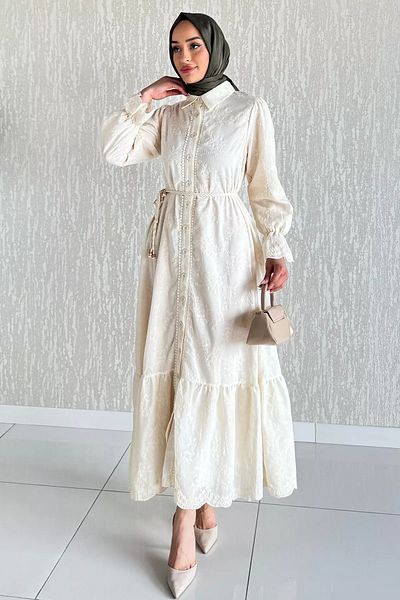 julude Stone Self Patterned Full Length Buttoned Waist Tie Detailed Hijab Dress
