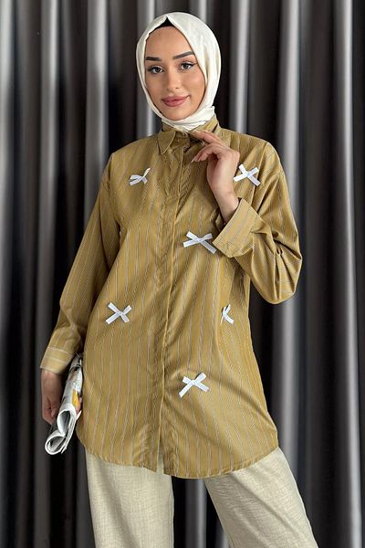 julude Μπεζ ριγέ φιόγκο με λεπτομέρεια Hijab τουνίκ