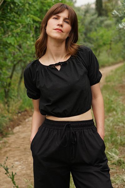 Defne&Apollon İpekçilik Wide Leg 100% Cotton Elastic Pocket Trousers - Black