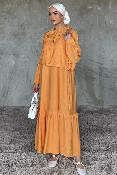 julude Μουσταρδί φούστα με βολάν μέση ελαστική ζακέτα Συνδυασμός Hijab Φόρεμα