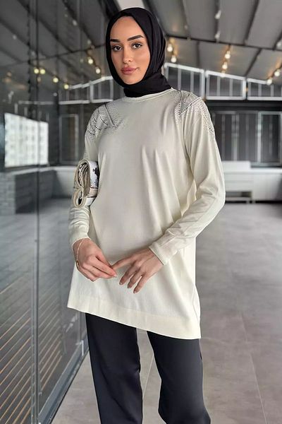 julude Cream Stone Embroidered Crew Neck Hijab Knitwear Tunic