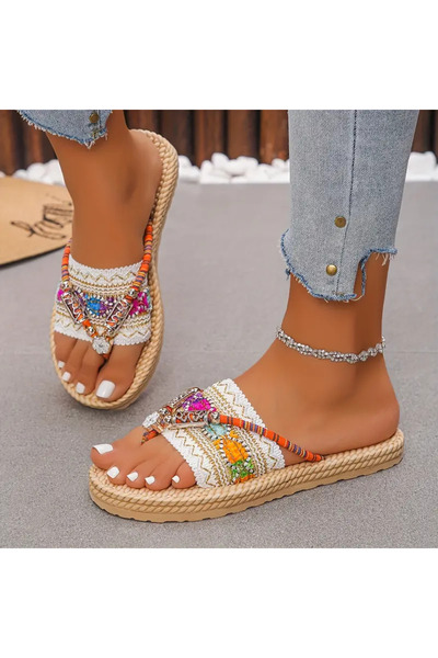 ELİŞİ MODA Bohemian Style Women's Flip Flops, Lightweight Comfortable Sole Slippers, Very Stylish Daily Use Slippers