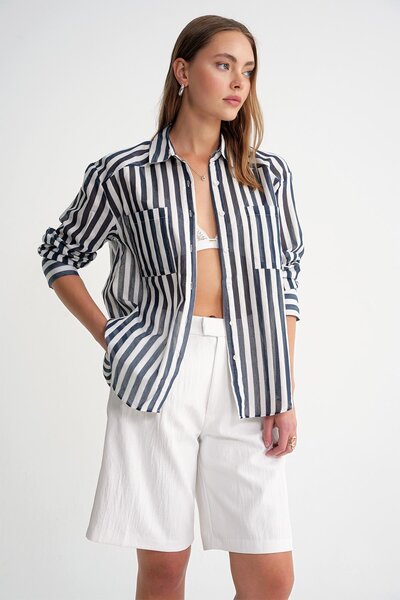 Mixray 4650 Women's Robe Lightweight Transparent Striped Basic Shirt Navy Blue