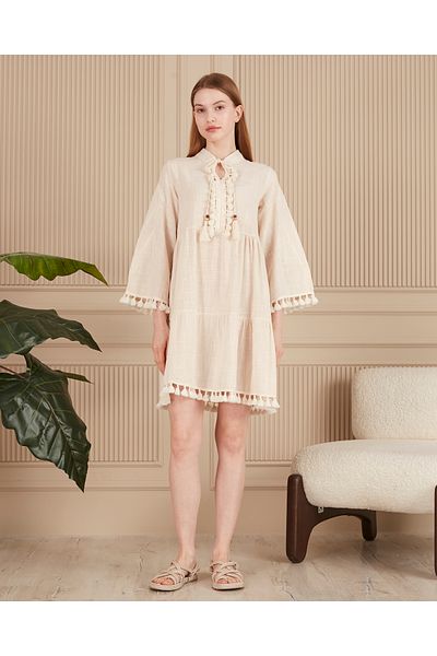 EL jadida Women's Embroidered Tassel Detailed Plus Size Linen Dress Beige
