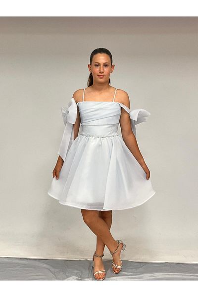 BUTİKHAPPYKİDS Girls' Evening Dress Baby Blue Chiffon Ribbon Stone Strap Sleeves Low Bow Detail Short Evening Dress 10-1