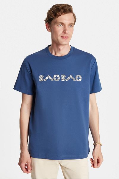 Tudors Relax Fit Relaxed Fit Cotton Front and Back Print Detail Crew Neck Indigo Men's T-Shirt