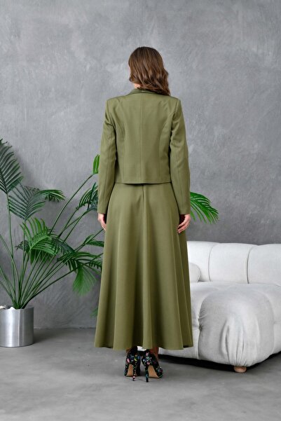 nodilife Crop Ceket Kloş Elbiseli Kadın Takım Elbise Yağ Yeşili