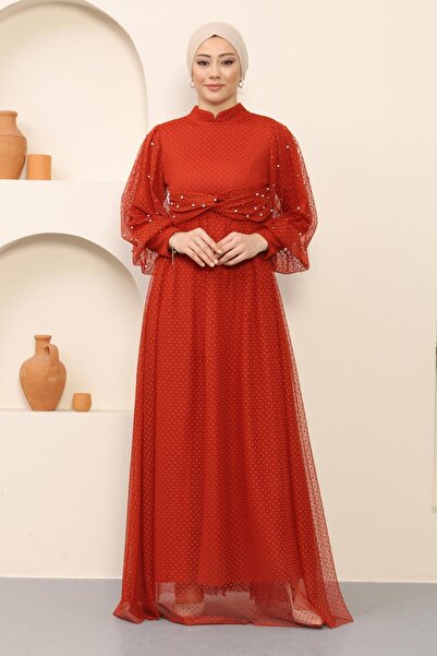 Missvalle Pearl Detailed Tulle Evening Dress Tile Msw12238