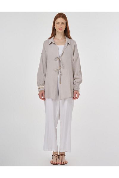 Kayra Lace-Up Muslin Tunic Light Gray