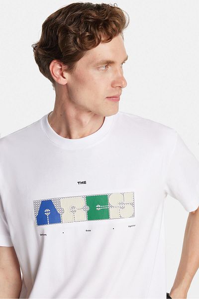 Tudors Relax Fit Relaxed Cut Cotton Front Print Detailed Crew Neck White Men's T-Shirt