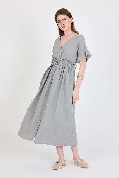 Rays Rochie gri 100% bumbac cu mâneci cu volan, cu nasturi, 4781A