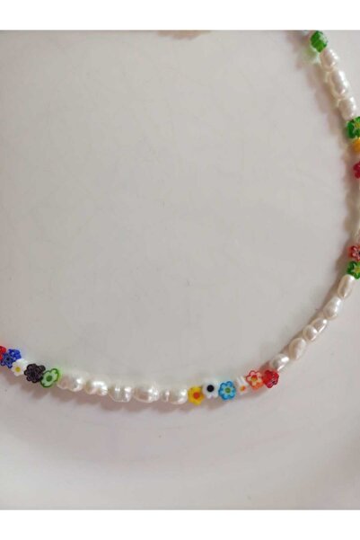 Mudita Tasarım 3/4 mm gerçek doğal tatlı su arpa inci , cam murano yaz çicekleri tasarım kolye