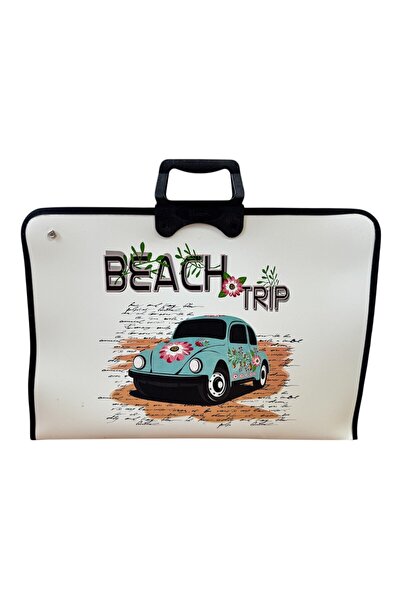 Polin Beach Trip Desenli Çanta, Resim ve Proje Taşıma, 38 x 55 cm, Retro Arab...